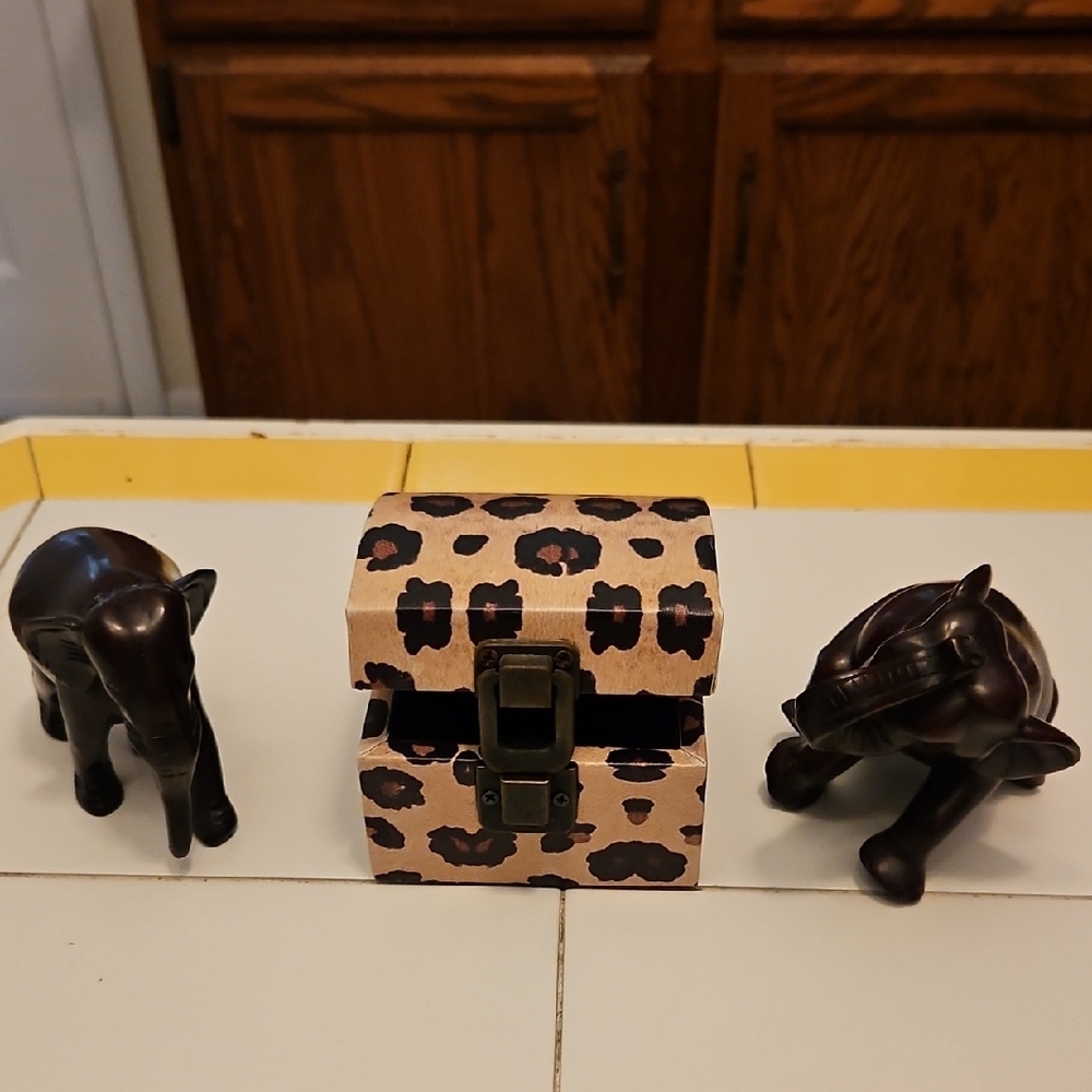 Leopard Print Trinket Box with Elephant Figurines
